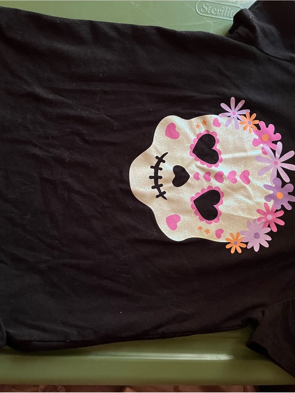 wonder nation Black Short Sleeve Tee with Pink and Purple Floral Sugar Skull